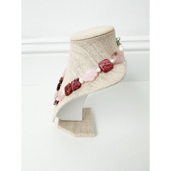 NWT Genuine Maroon Jade, Rose Quartz & Pearls Necklace Carved Flowers Pink White - Picture 5 of 5